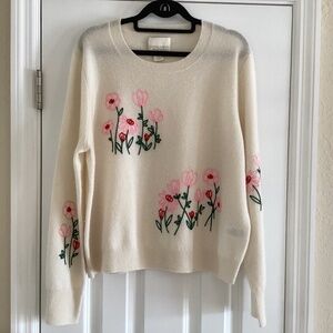 Cynthia Rowley 100% 2-ply Cashmere Flower Embroidered Ivory Crew Neck Sweater XL